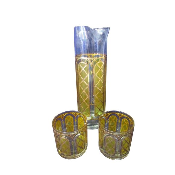 Mid Century Cocktail Martini Drinks Pitcher Set Stained Glass Yellow Gold EUC - Picture 5 of 16